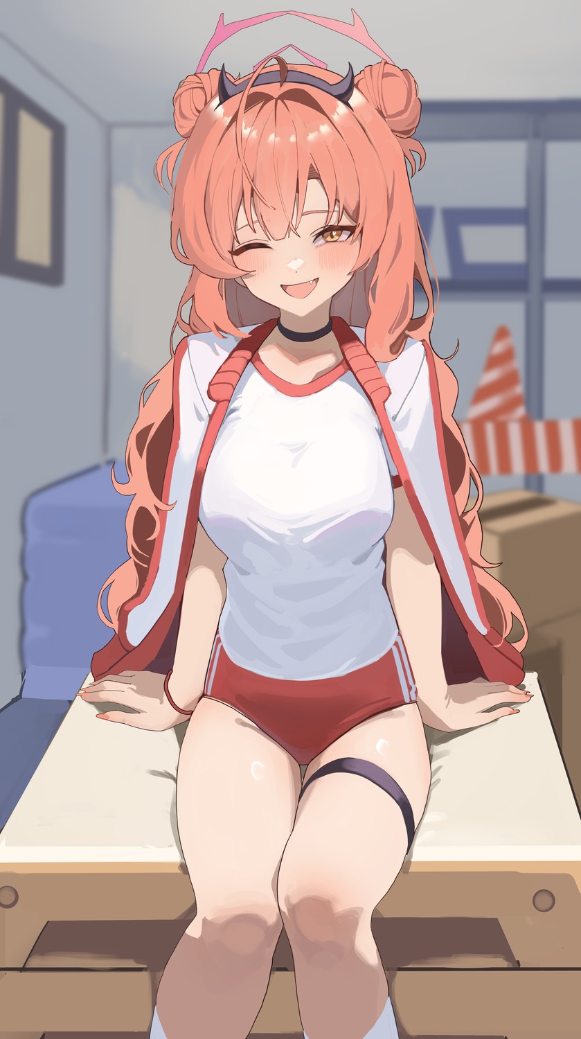 blue_archive, buruma, garter, gubbi_on, gym_uniform, halo, horns, yozakura_kirara