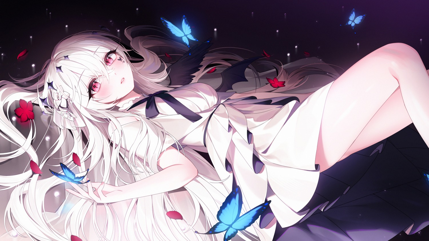 dress, hareriya, indie_virtual_youtuber, jpeg_artifacts, nis_(vtuber), skirt_lift, tattoo, wings