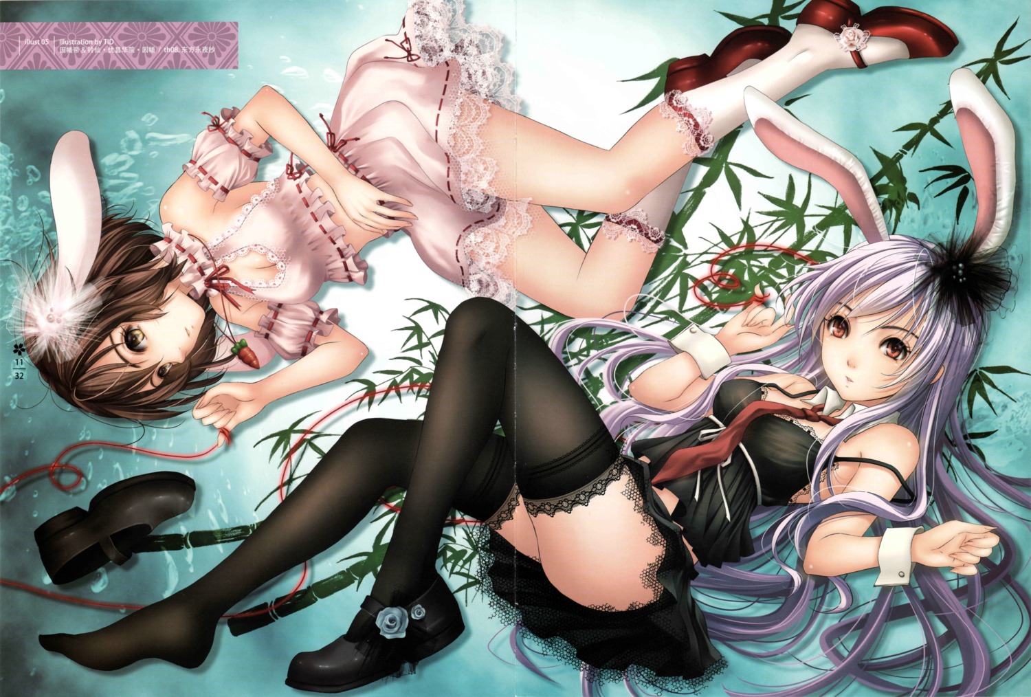 animal_ears, bunny_ears, crease, fixme, inaba_tewi, reisen_udongein_inaba, scanning_artifacts, screening, thighhighs, tidsean, touhou, world_through_fantasy