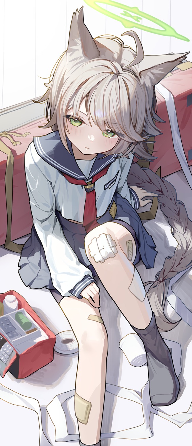 animal_ears, bandages, bike_shorts, blue_archive, halo, kitsune, ningen_mame, seifuku, skirt_lift, tenjinyama_otogi