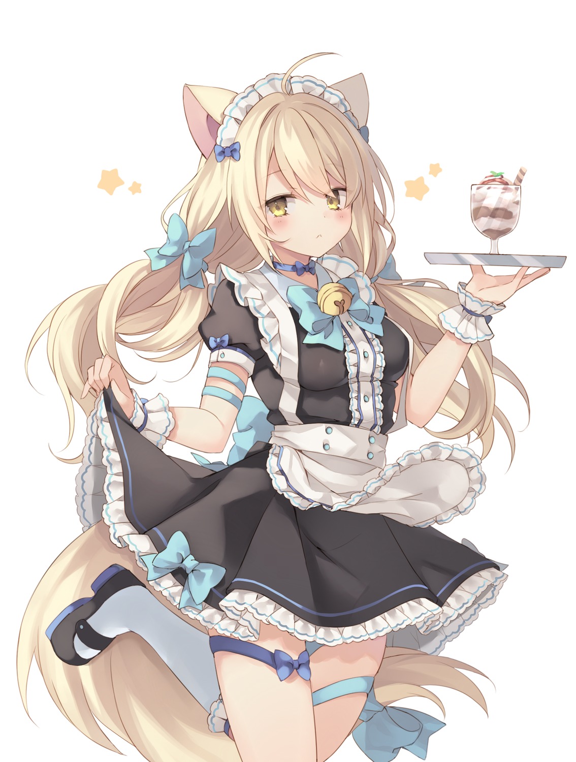 animal_ears, cream_(kkyuang), garter, maid, nekomimi, rento_(rukeai), skirt_lift, tail, waitress