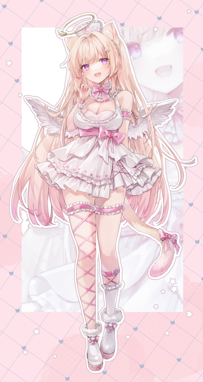 angel, animal_ears, dress, garter, indie_virtual_youtuber, nekomimi, tail, tenshi_chiyomu, thighhighs, ukishizumi, wings
