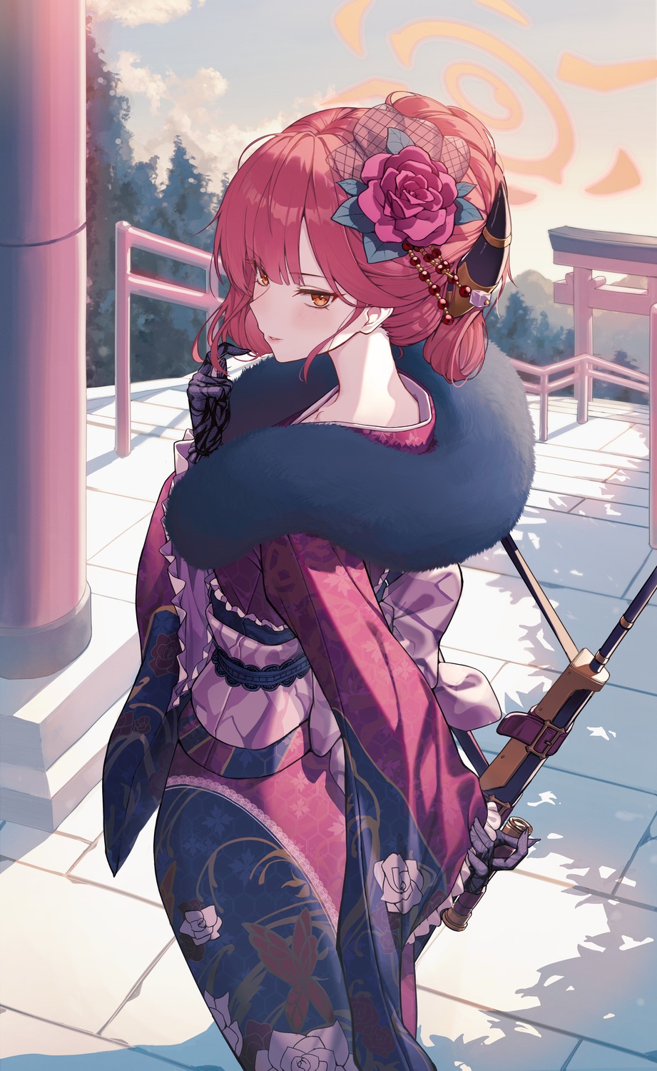 blue_archive, goeleu, gun, halo, horns, kimono, rikuhachima_aru