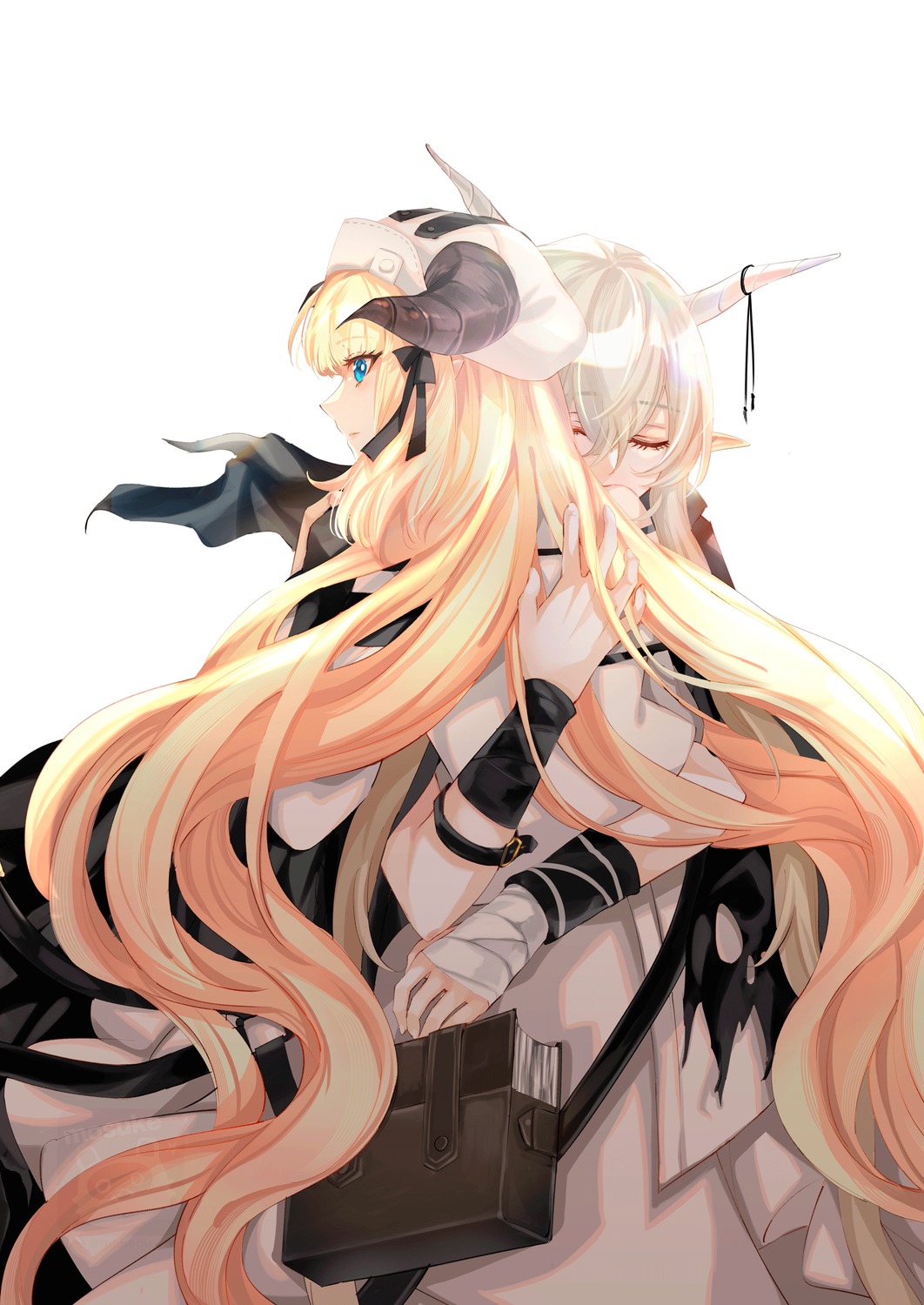 animal_ears, arknights, bandages, dress, horns, lolita_fashion, mosuke, nightingale_(arknights), pointy_ears, shining_(arknights), yuri