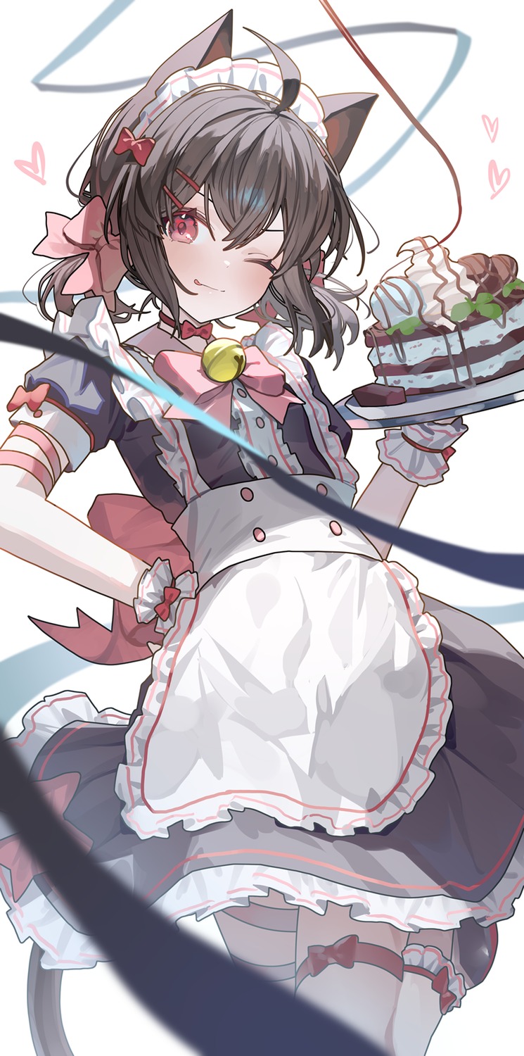 animal_ears, garter, maid, mary_(kkyuang), nekomimi, ningen_mame, tail, thighhighs, waitress