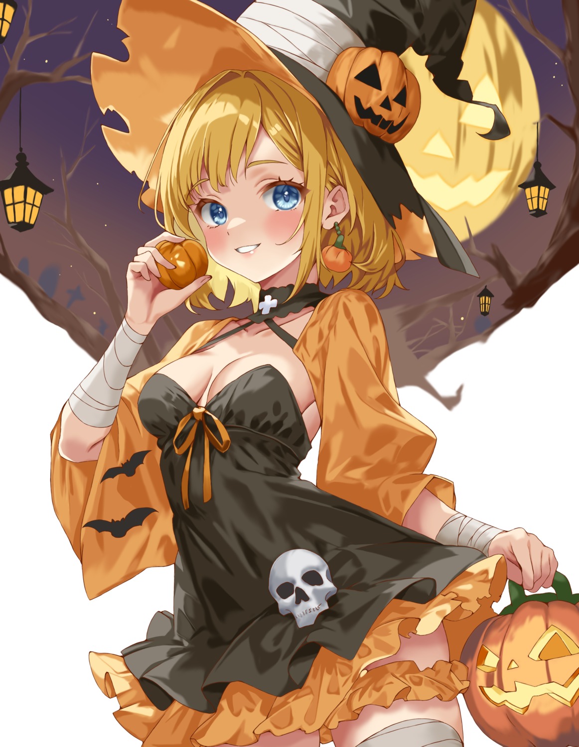 bandages, dress, halloween, iwato_(celler), no_bra, thighhighs, witch
