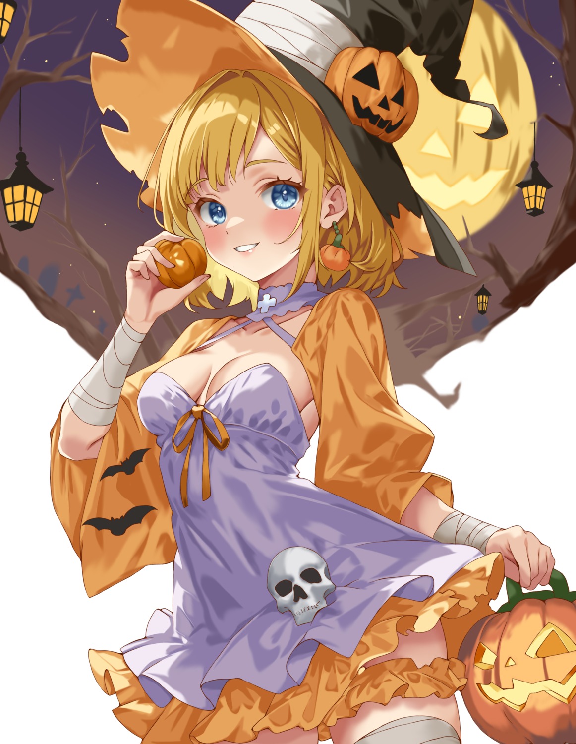 bandages, dress, halloween, iwato_(celler), no_bra, thighhighs, witch