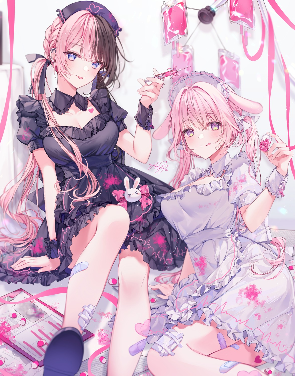 animal_ears, bandaid, blood, bunny_ears, cleavage, iris_black_games, nurse, tachibana_hinano, tattoo, taya_oco, tomomo_mimiko, vspo!