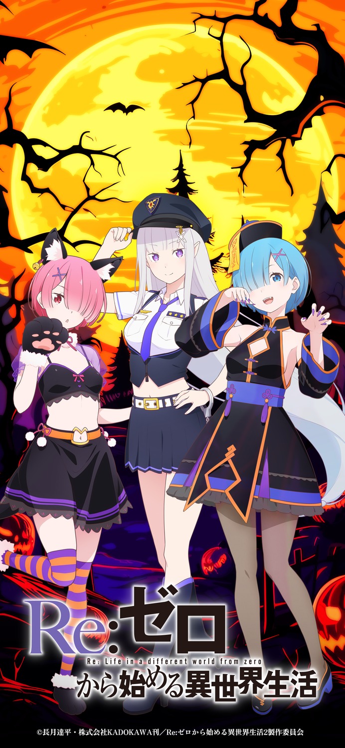 animal_ears, asian_clothes, elf, emilia_(re_zero), halloween, nekomimi, no_bra, pantyhose