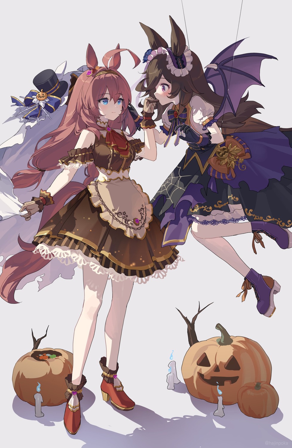 animal_ears, devil, dress, hajin, halloween, heels, mihono_bourbon_(umamusume), rice_shower_(umamusume), tail, uma_musume_pretty_derby, wings, yuri