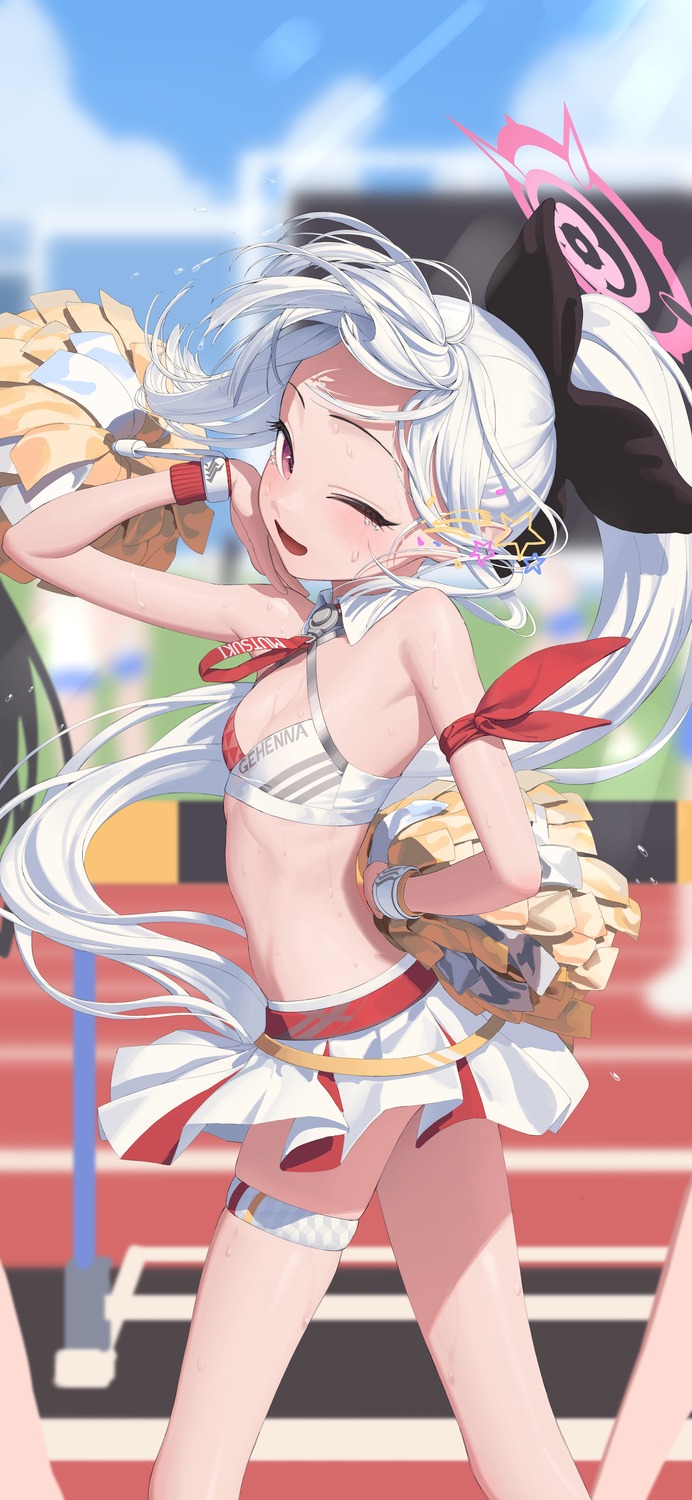asagi_mutsuki, blue_archive, cheerleader, garter, halo, no_bra, rui_(rei_leyi), skirt_lift