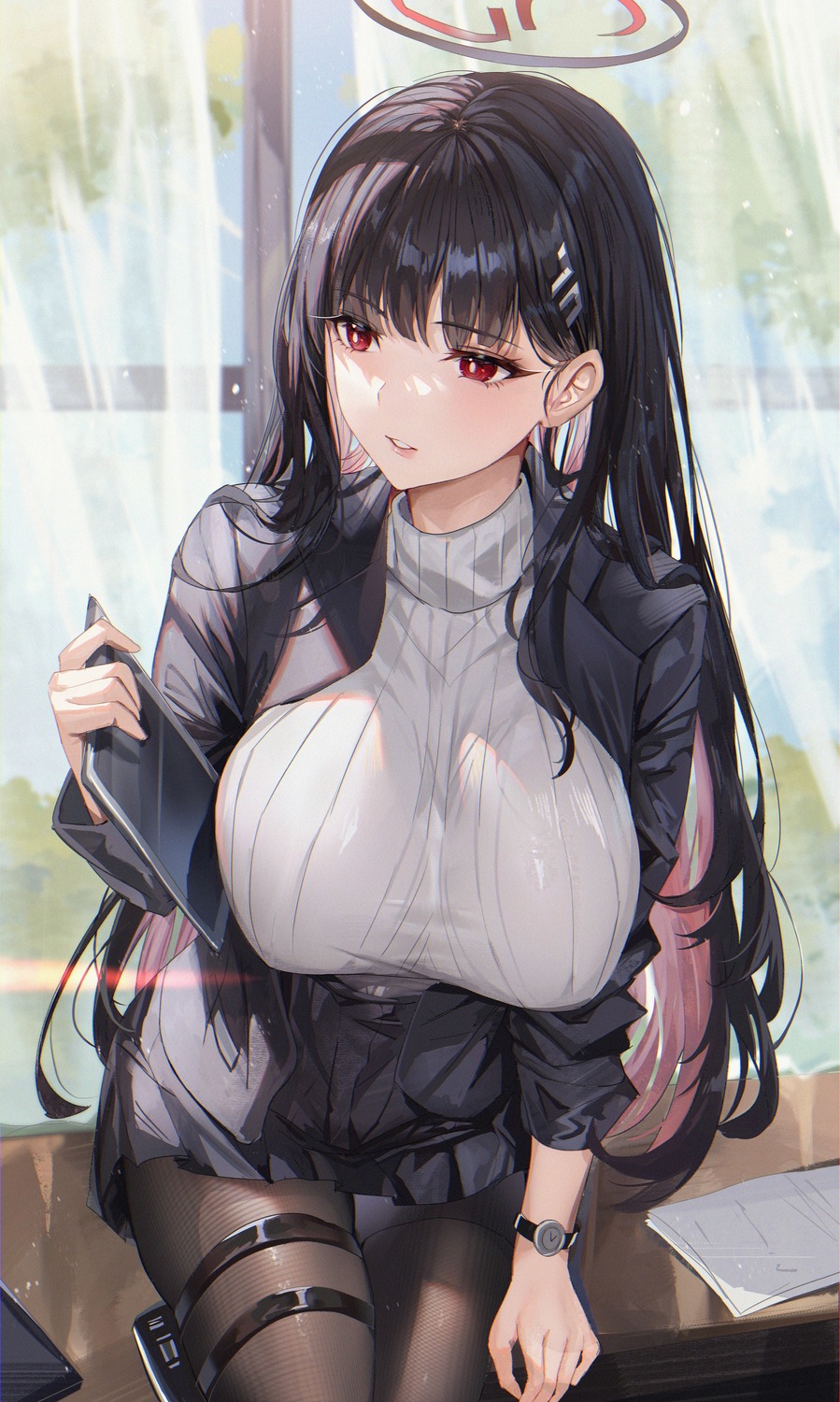 blue_archive, business_suit, garter, halo, pantyhose, shanguier, sweater, tsukatsuki_rio