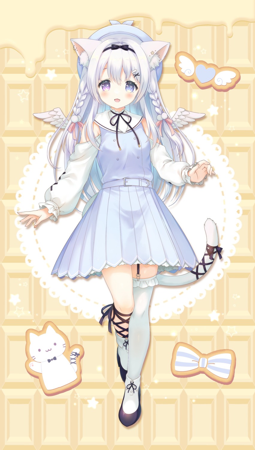 angel, animal_ears, dress, heterochromia, kemamire, nekomimi, stockings, tagme, tail, thighhighs, wings