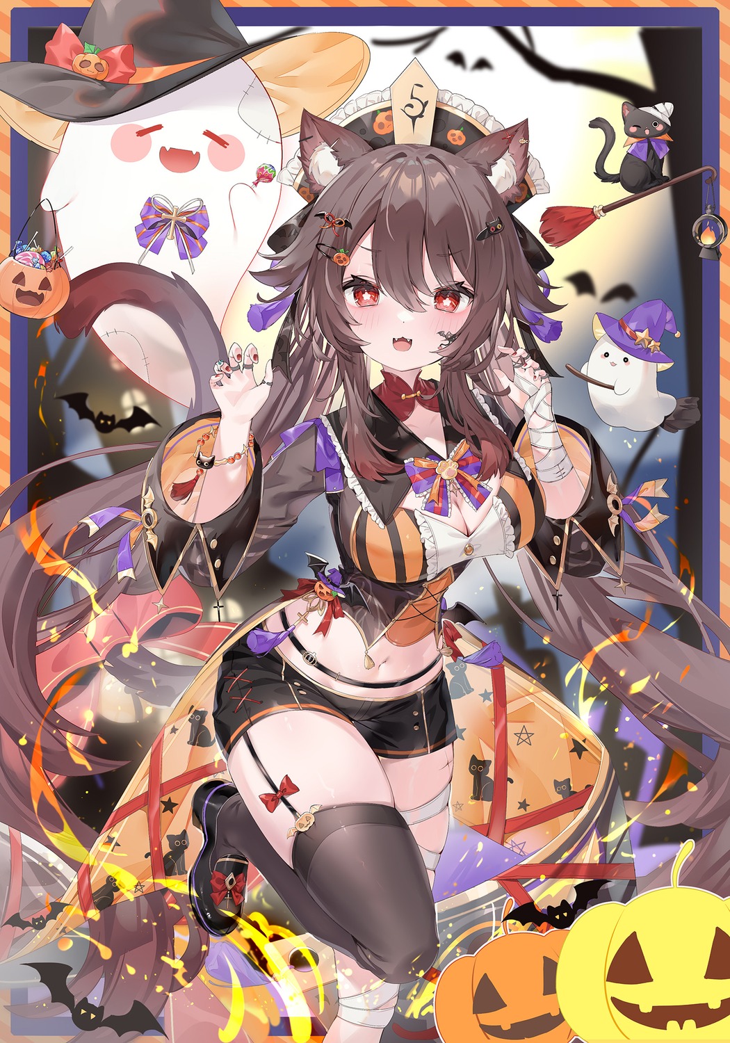 animal_ears, bandages, garter, genshin_impact, halloween, hu_tao, neko, nekomimi