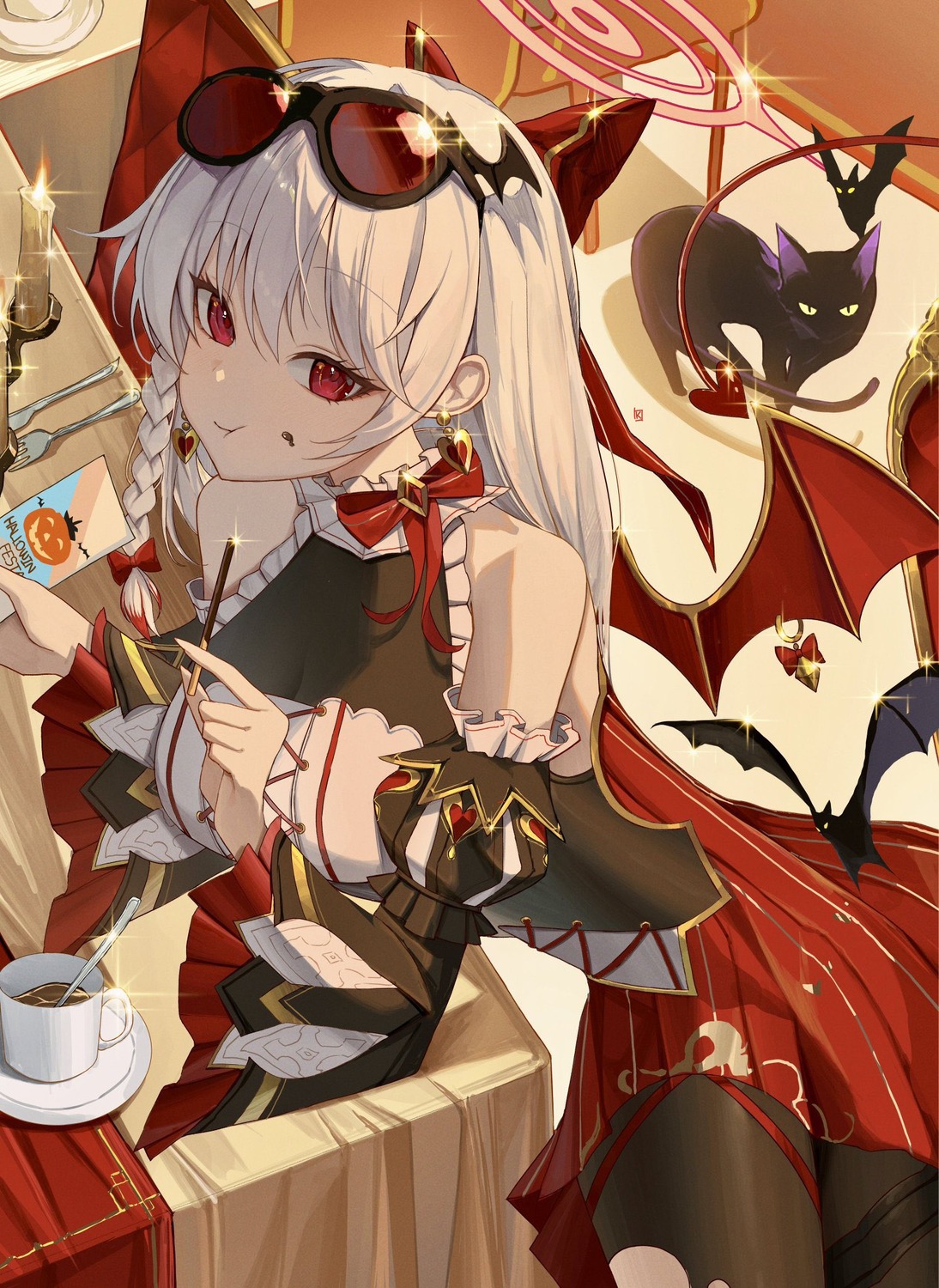 blue_archive, cream, devil, garter, halloween, halo, kuren_kren, kurodate_haruna