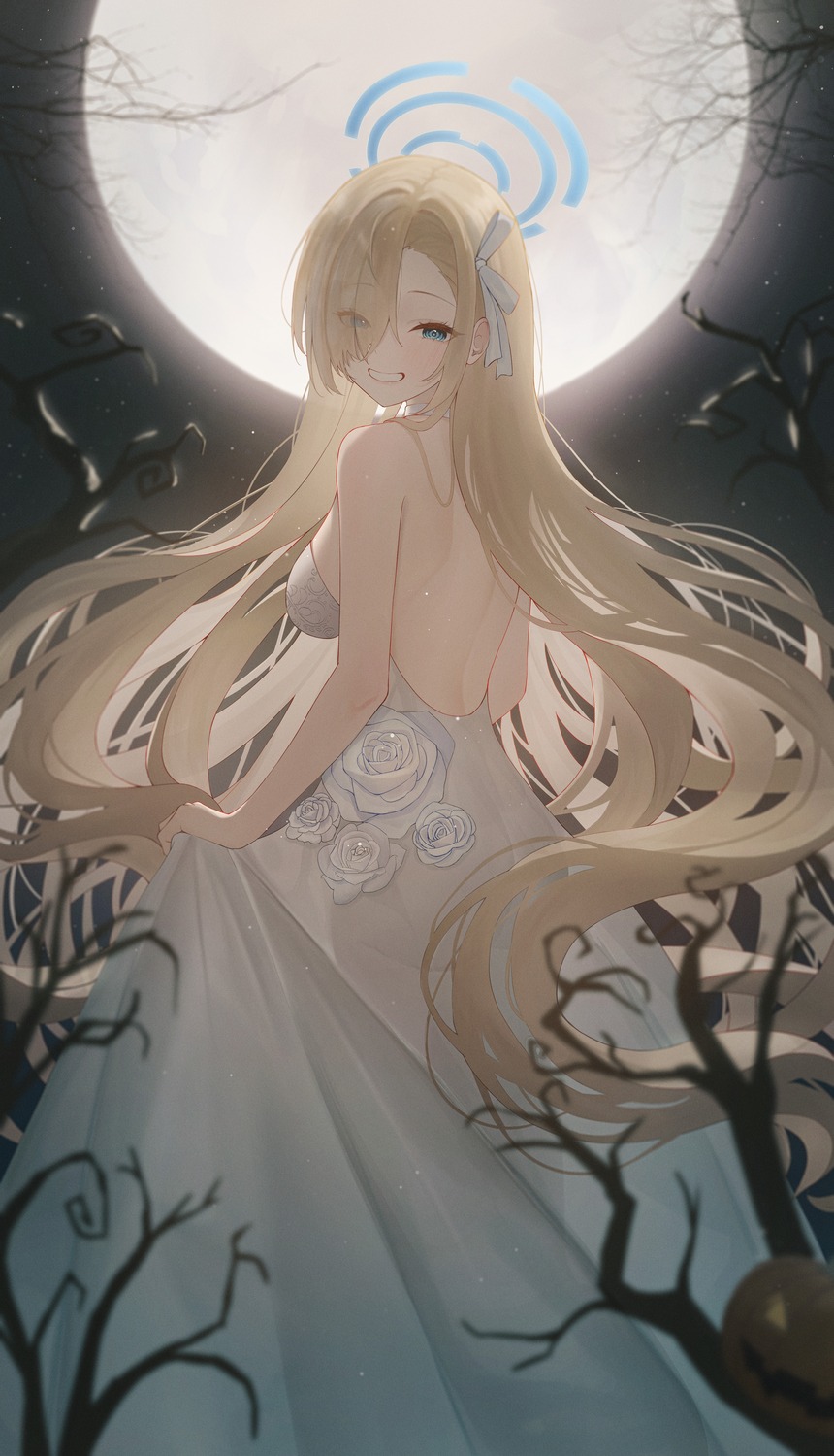 blue_archive, dress, halloween, halo, ichinose_asuna, no_bra, rega, wedding_dress