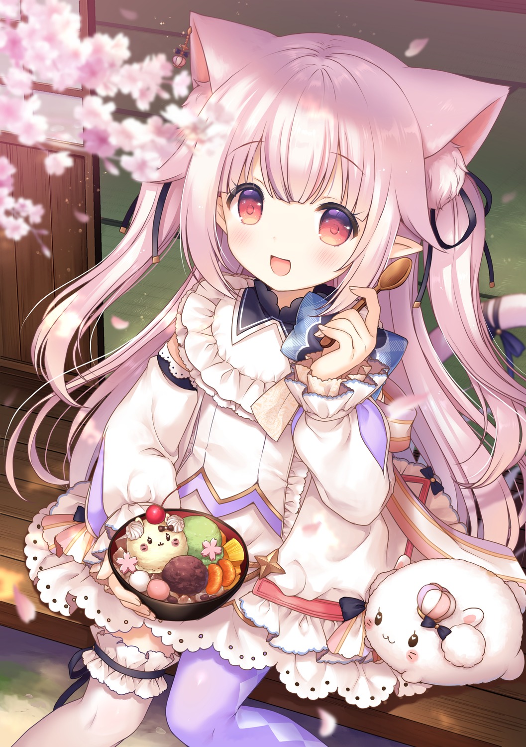 animal_ears, chucolala, dress, kemamire, mashiro_kanon, nekomimi, pointy_ears, tail, thighhighs
