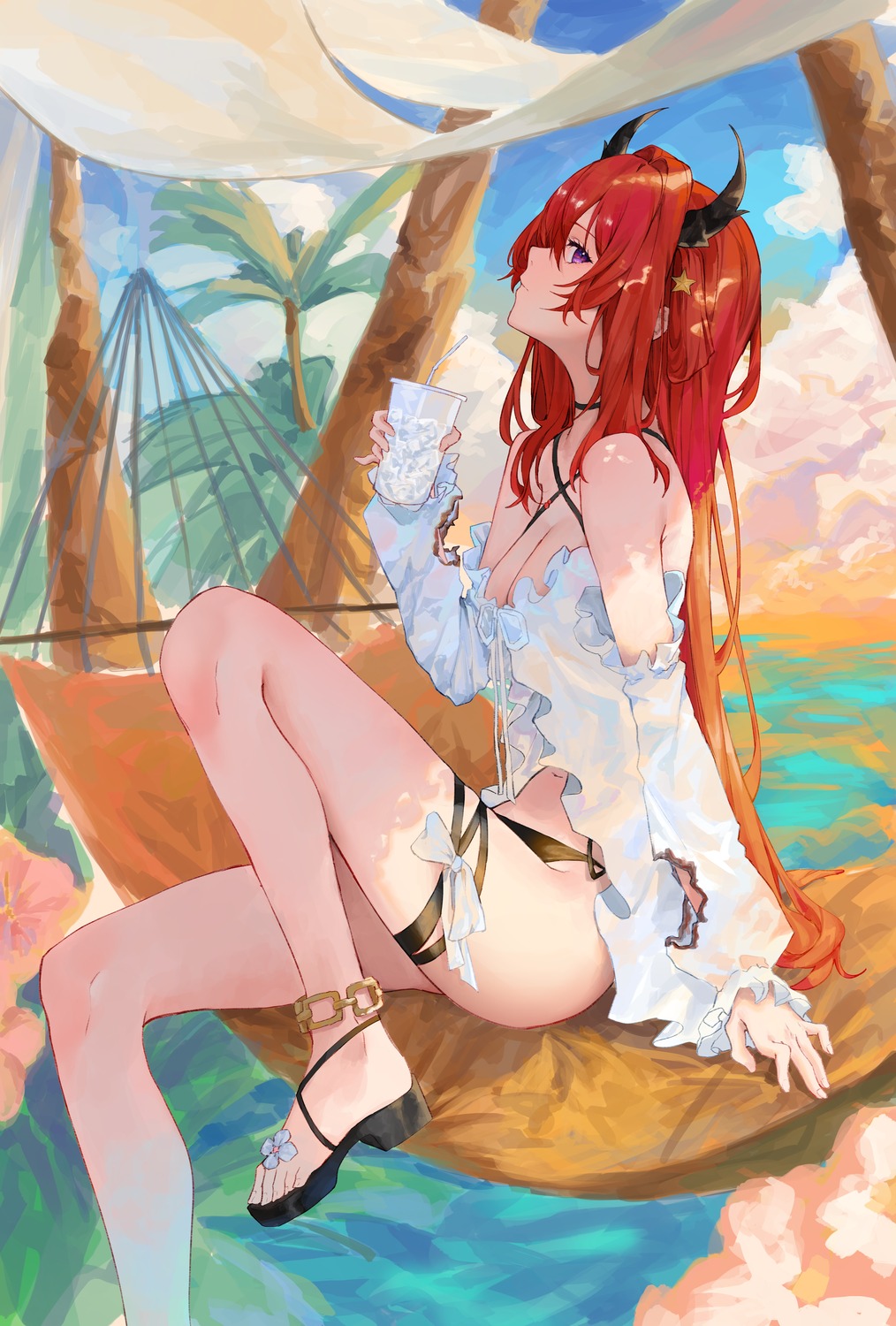 arknights, bikini, garter, horns, kase_22, surtr_(arknights), swimsuits