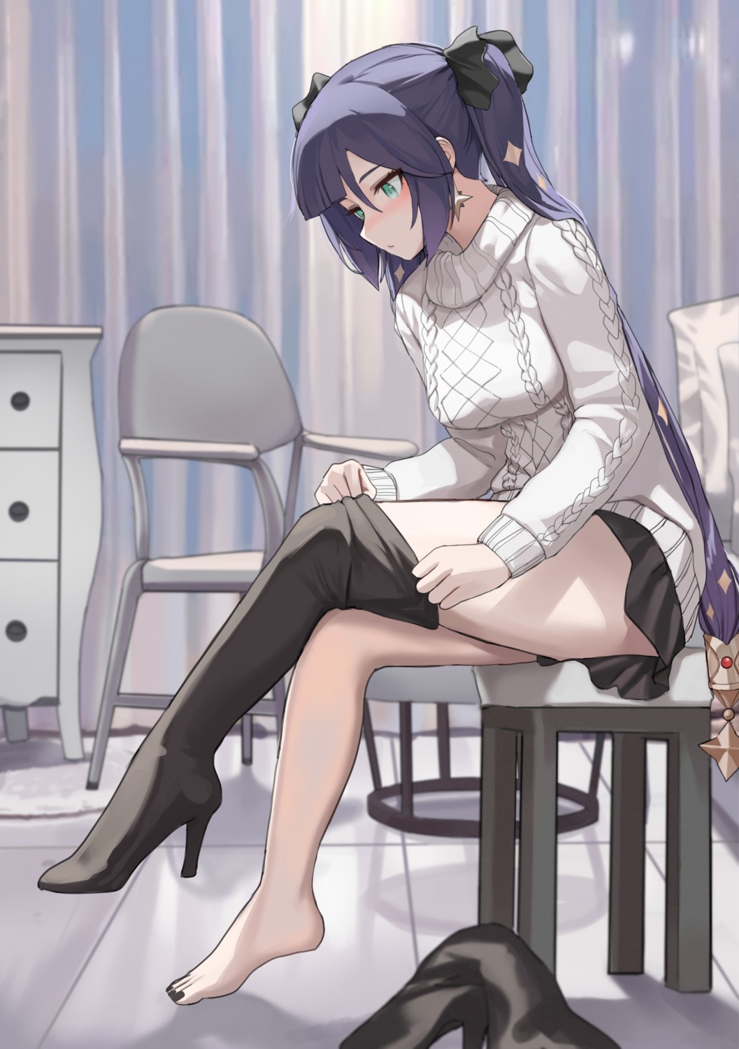 dolri, genshin_impact, heels, mona_megistus, sweater, thighhighs, undressing