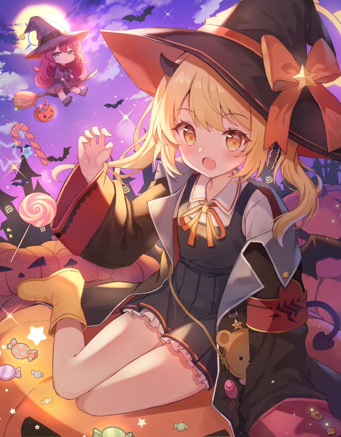 blue_archive, chibi, halloween, halo, hanen_(borry), horns, natsume_iroha, seifuku