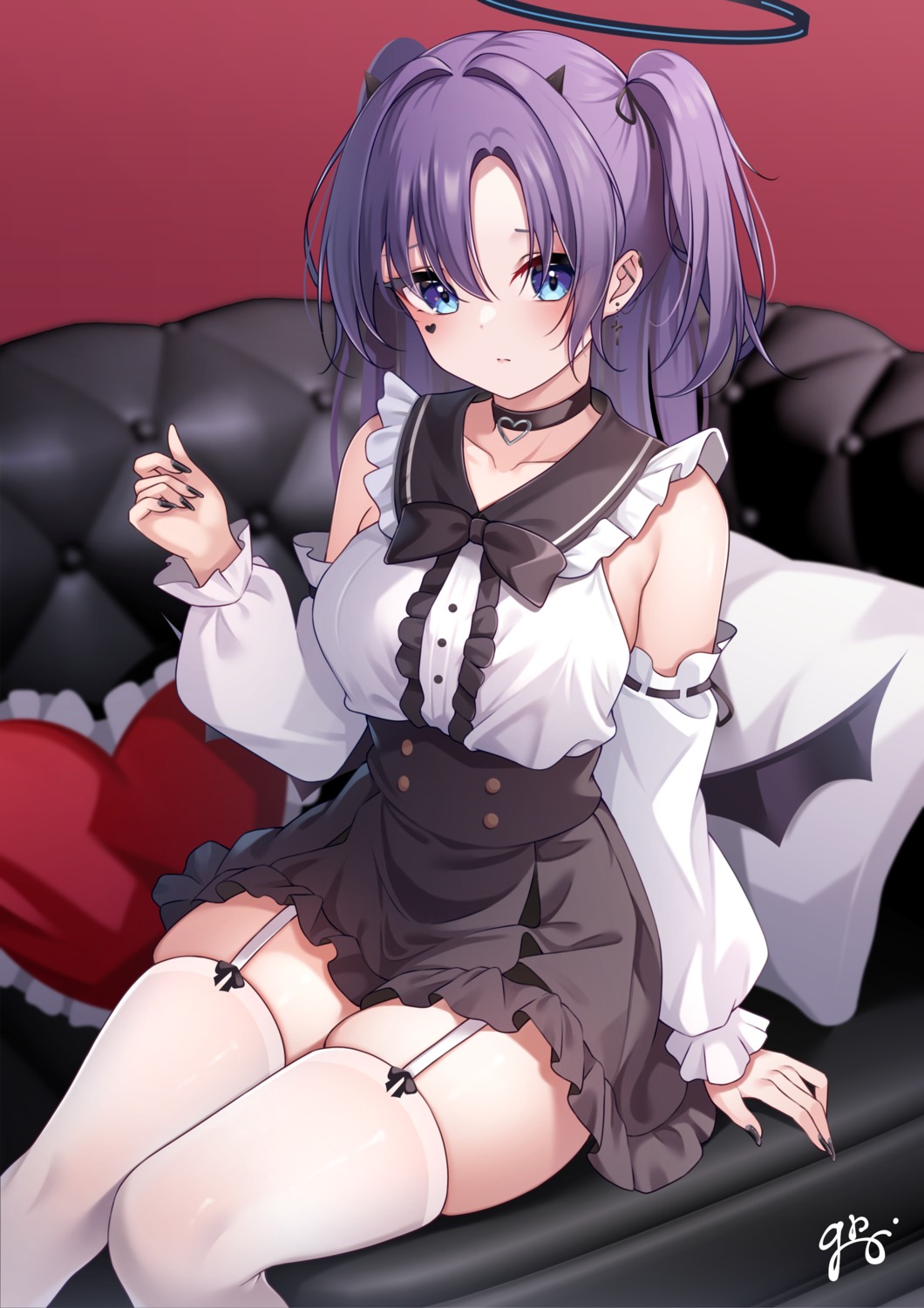 blue_archive, gothic_lolita, guri_(gri1211), halo, hayase_yuuka, lolita_fashion, stockings, tattoo, thighhighs