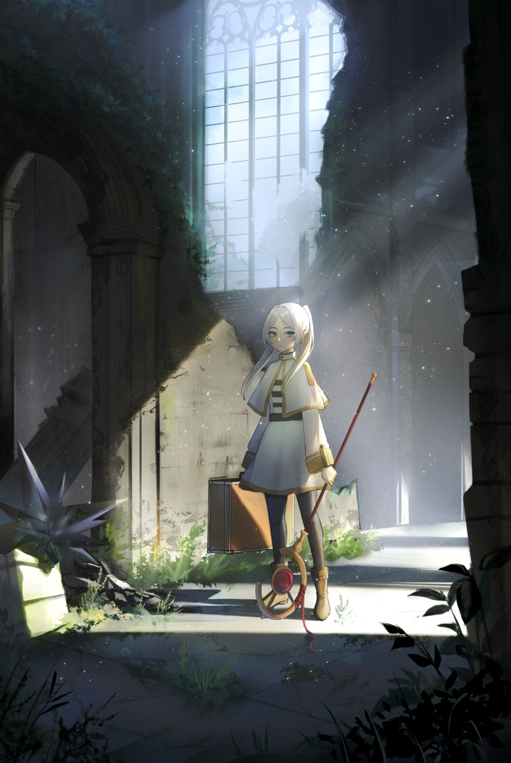dress, elf, frieren, maviss_03, pantyhose, pointy_ears, sousou_no_frieren, weapon