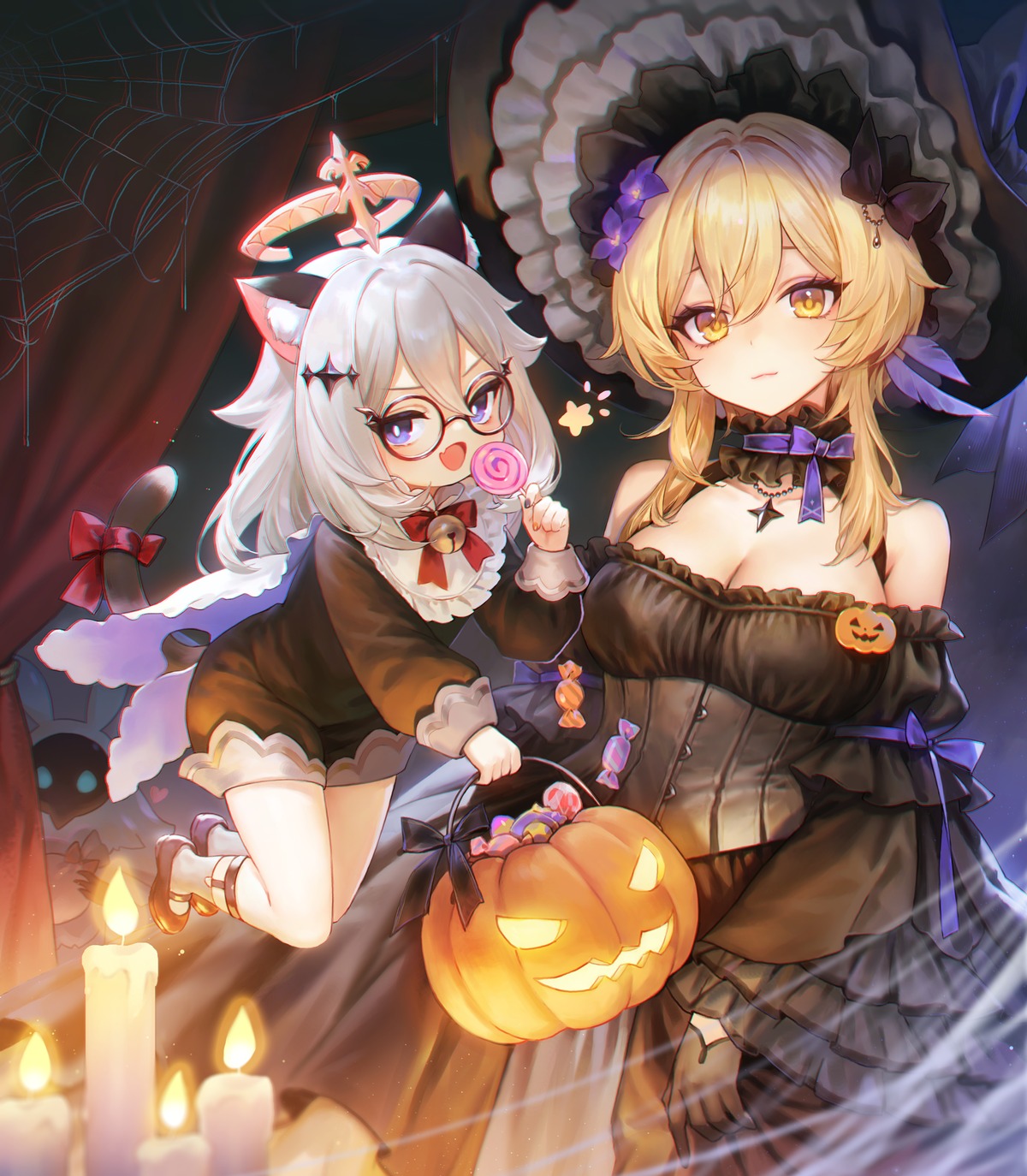 adelie_cat, animal_ears, cleavage, dress, genshin_impact, gothic_lolita, halloween, lolita_fashion