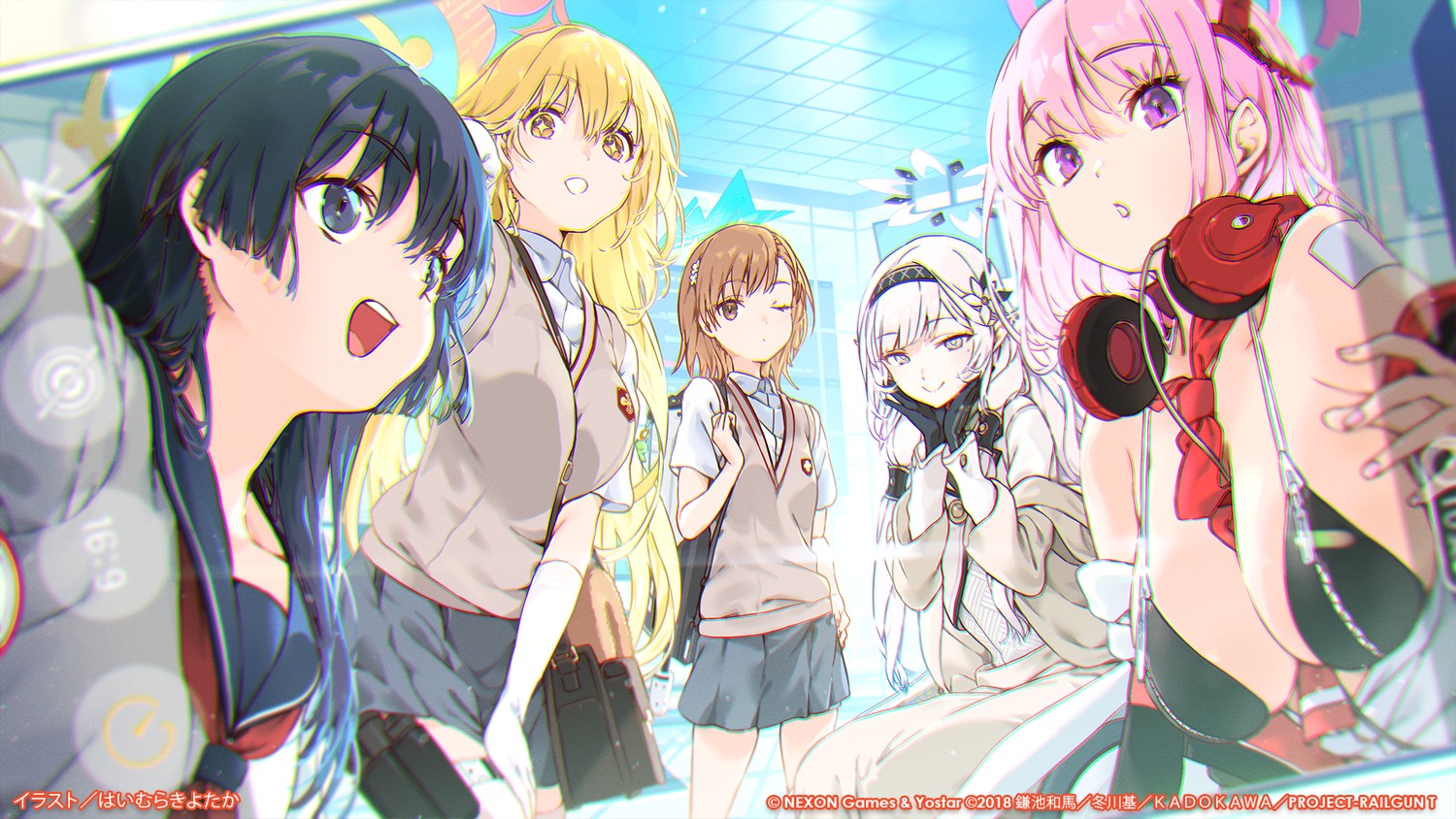 akeboshi_himari, bandaid, blue_archive, bra, crossover, garter, haimura_kiyotaka, halo, headphones, izumimoto_eimi, misaka_mikoto, open_shirt, pointy_ears, saten_ruiko, seifuku, selfie, shokuhou_misaki, sweater, toaru_kagaku_no_railgun, toaru_majutsu_no_index, uniform, wallpaper