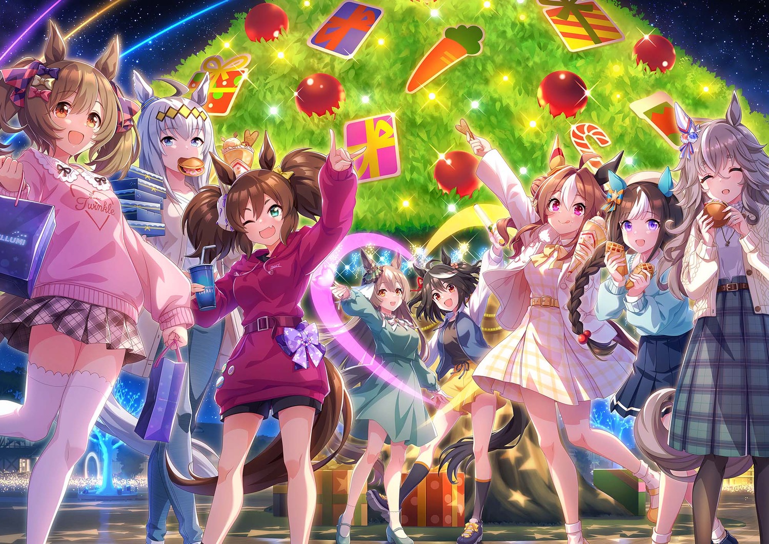 animal_ears, christmas, copano_rickey_(umamusume), dress, heels, hokko_tarumae_(umamusume), inari_one_(umamusume), kitasan_black_(umamusume), oguri_cap_(umamusume), satono_diamond_(umamusume), smart_falcon_(umamusume), sweater, tagme, tail, thighhighs, uma_musume_pretty_derby, wonder_acute_(umamusume)