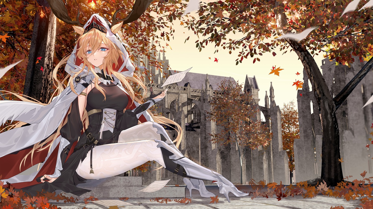 animal_ears, arknights, armor, dress, heels, hongbaise_raw, horns, pantyhose