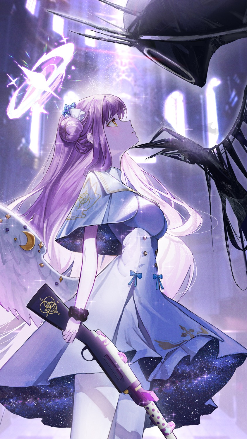 angel, blue_archive, dress, gun, kuren_kren, misono_mika, pantyhose, wings