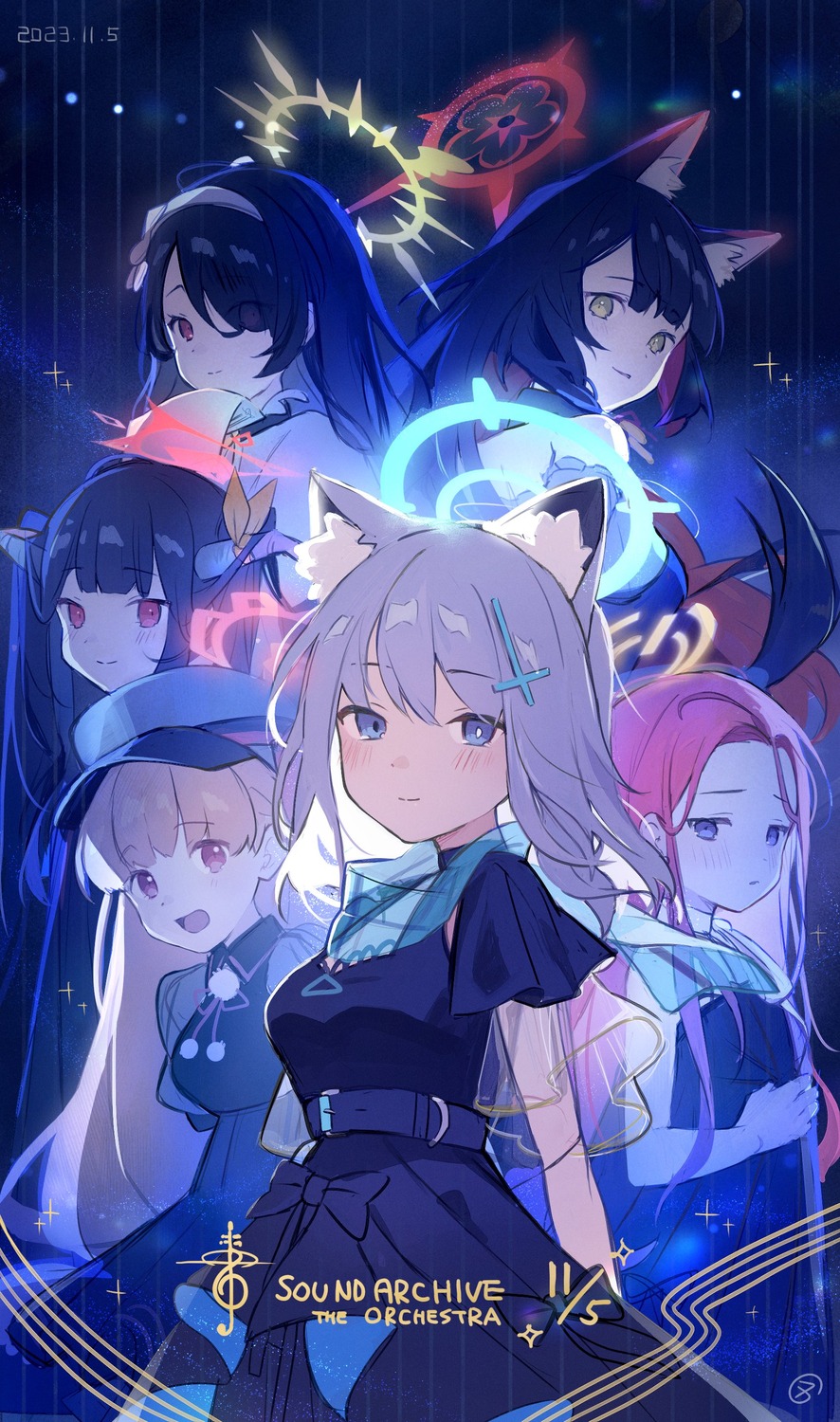 aikiyo_fuuka, amami_nodoka, animal_ears, blue_archive, dress, halo, hanaoka_yuzu, horns
