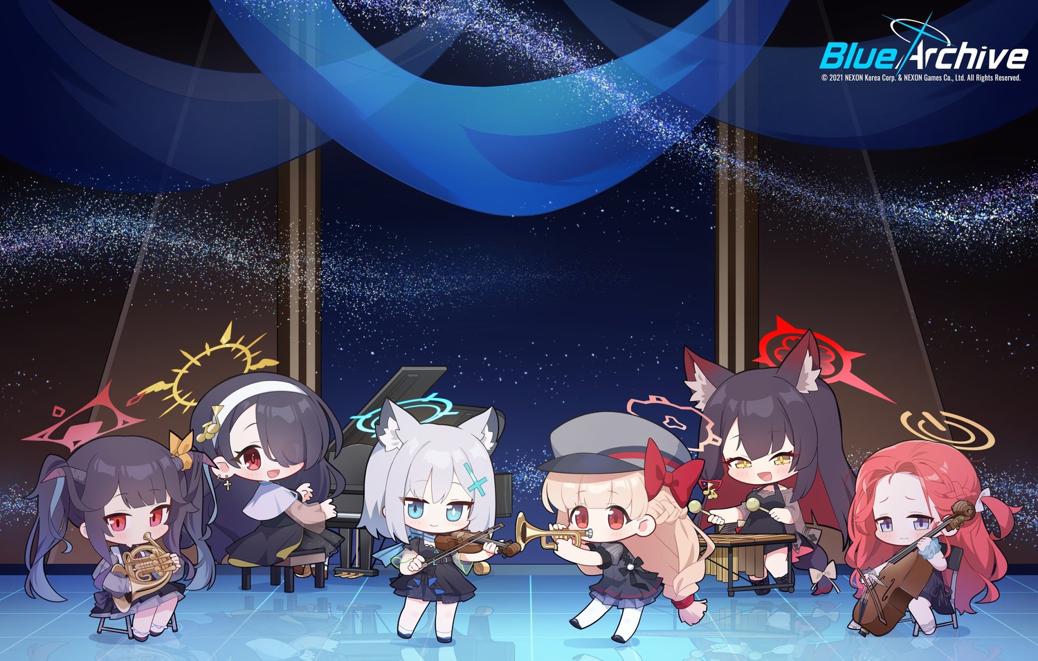 aikiyo_fuuka, amami_nodoka, animal_ears, blue_archive, chibi, dress, halo, hanaoka_yuzu