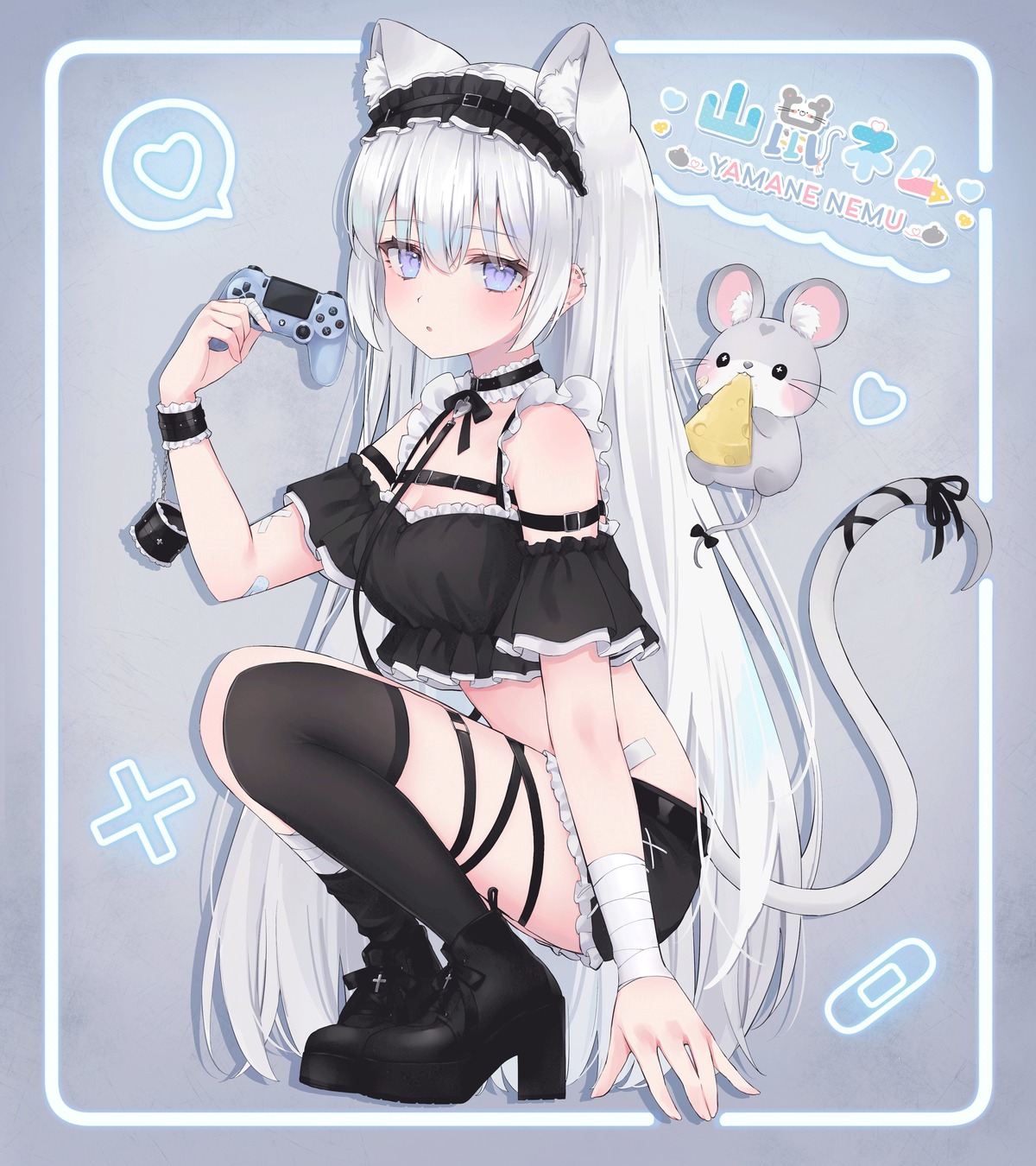 animal_ears, bandages, bandaid, garter, heels, indie_virtual_youtuber, nekomimi, shano_hiyori, tail, thighhighs, yamane_nemu_(vtuber)