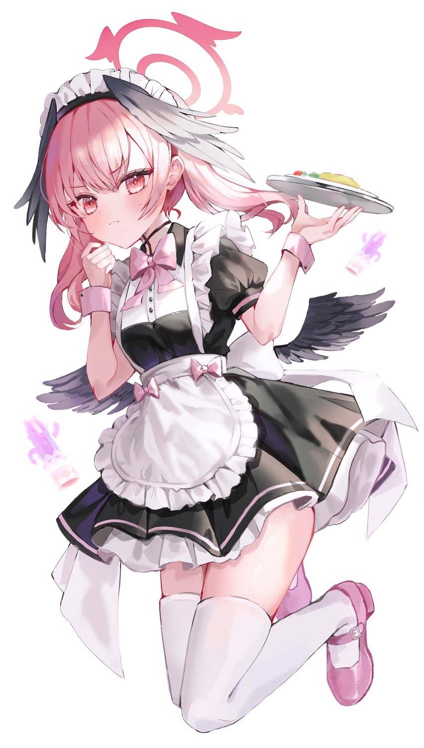 blue_archive, halo, maid, ri_yonn, shimoe_koharu, thighhighs, waitress, wings