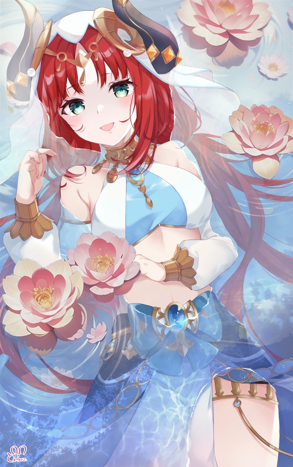 dodosako, garter, genshin_impact, horns, nilou, wet