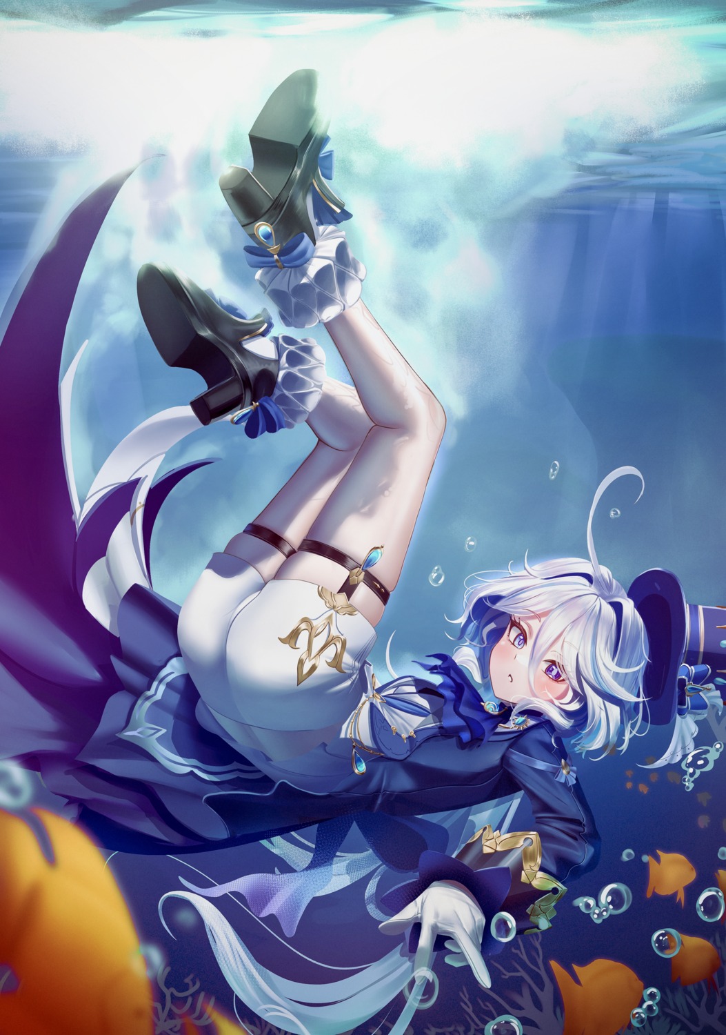 ass, furina, garter, genshin_impact, heels, heterochromia, manjo_(warito)