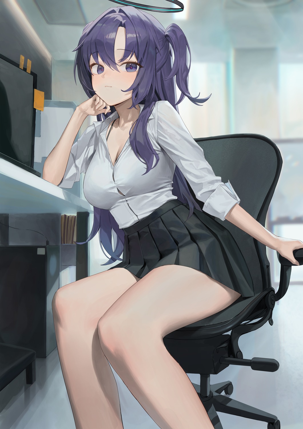 blue_archive, bra, cleavage, halo, hayase_yuuka, open_shirt, see_through, seifuku