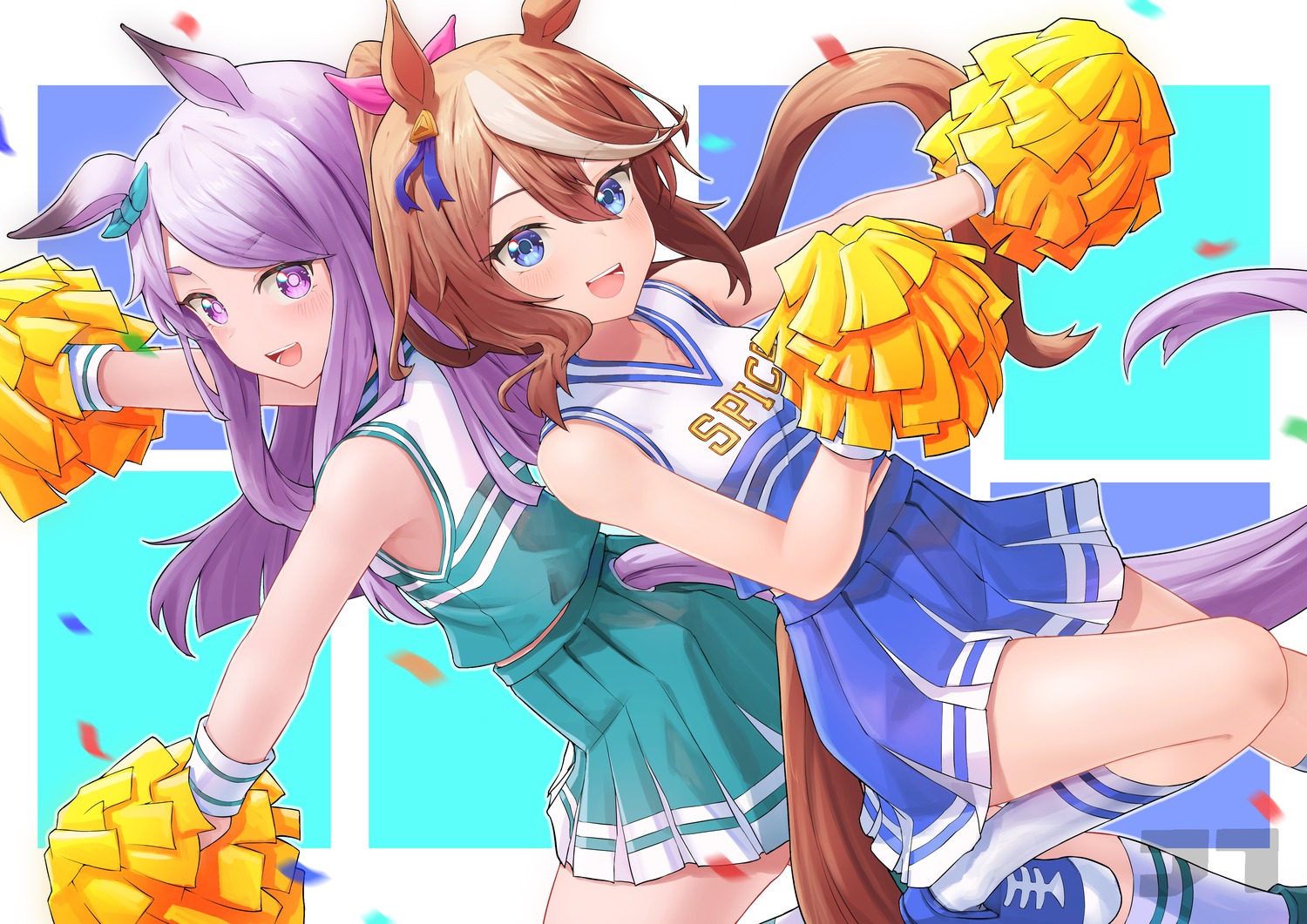 animal_ears, cheerleader, jtleeklm, mejiro_mcqueen_(umamusume), tail, tokai_teio_(umamusume), uma_musume_pretty_derby