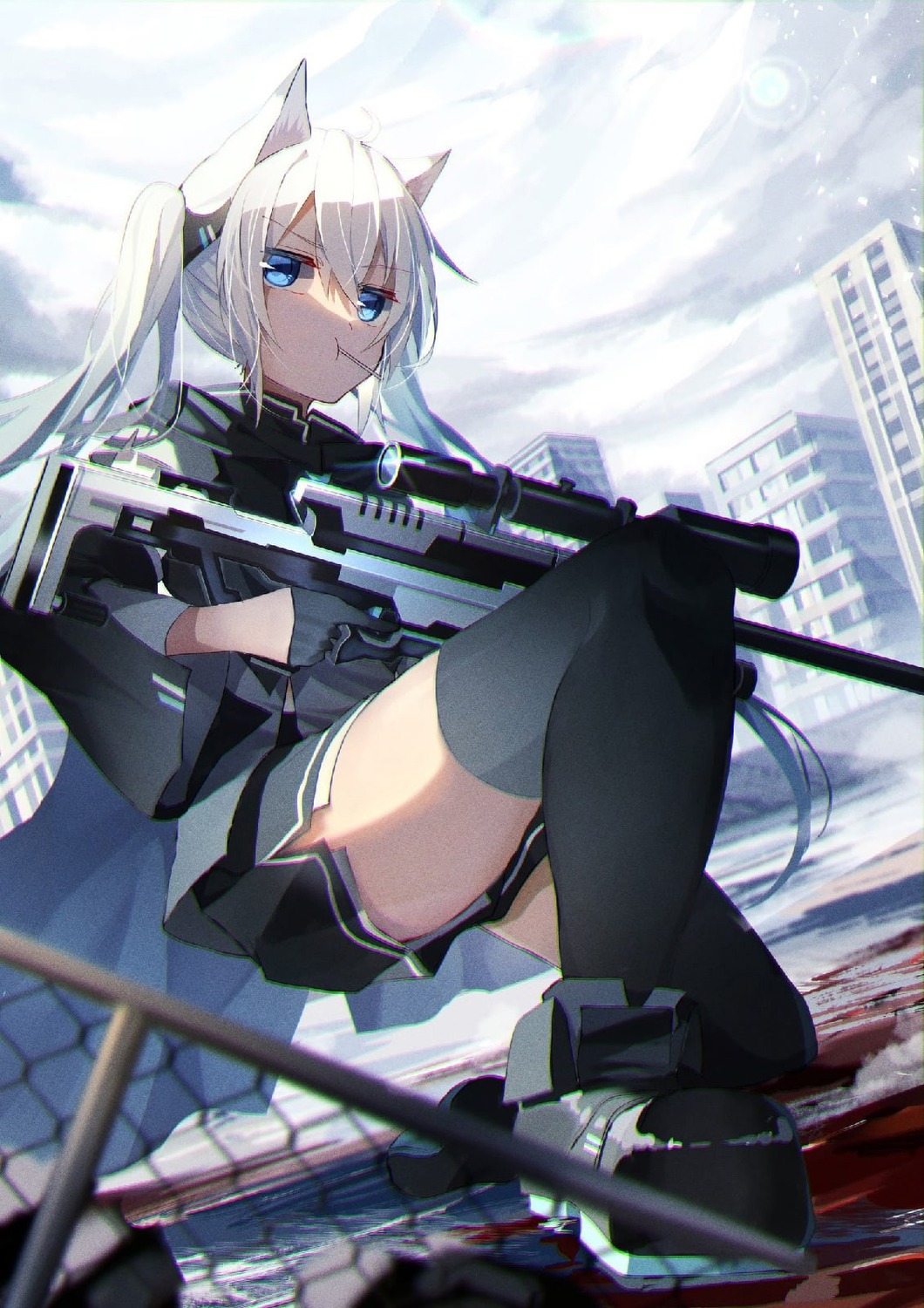 aliasing, animal_ears, gun, nekomimi, nyokisan, thighhighs