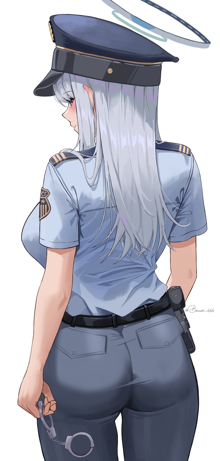 ass, blue_archive, dubeaduver, gun, halo, police_uniform, ushio_noa