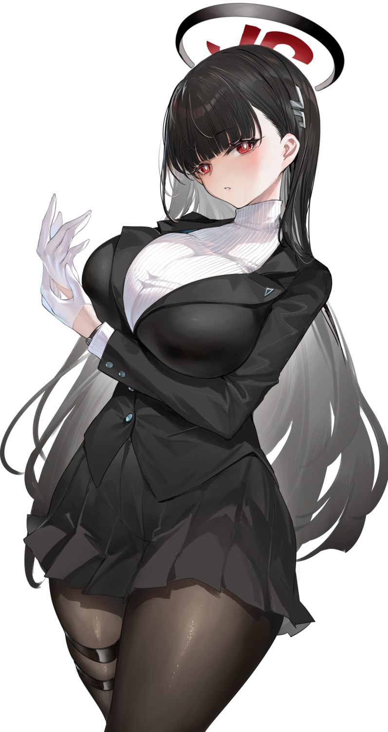blue_archive, business_suit, garter, halo, horz, pantyhose, sweater, tsukatsuki_rio