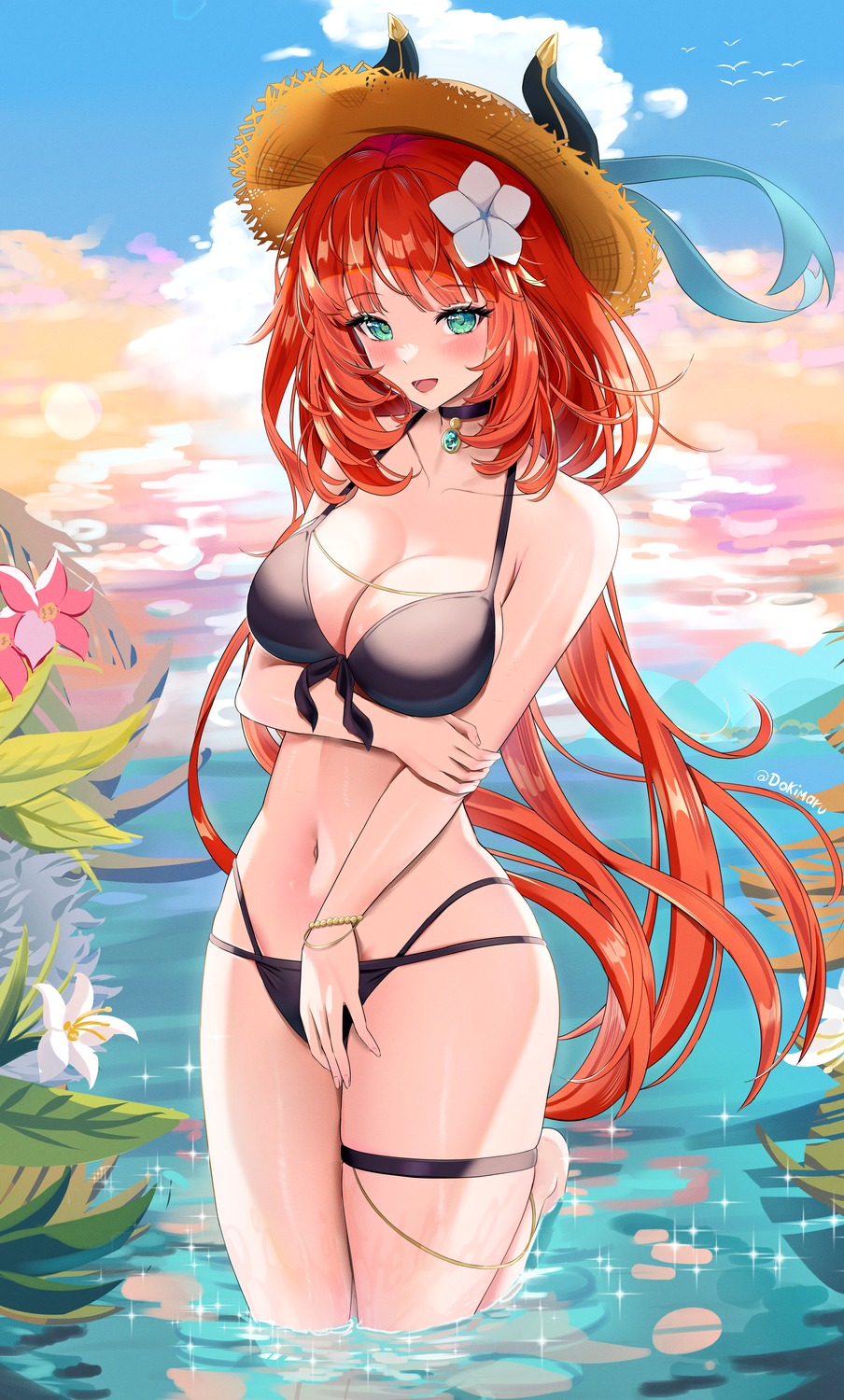 bikini, dokimaru, garter, genshin_impact, horns, nilou, swimsuits, wet