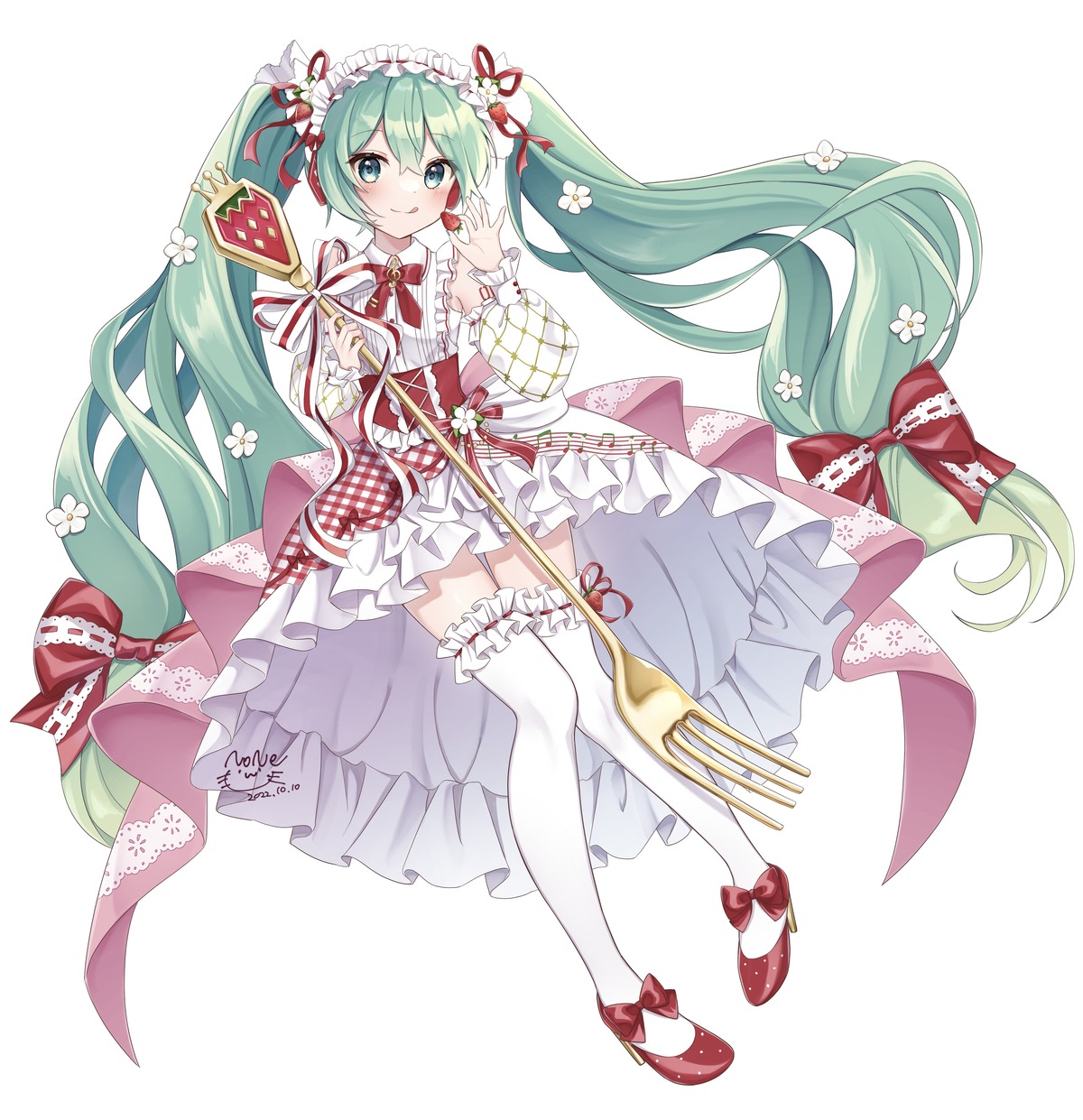 dress, gothic_lolita, hatsune_miku, heels, lolita_fashion, noneon319, strawberry_miku, tattoo, thighhighs, vocaloid