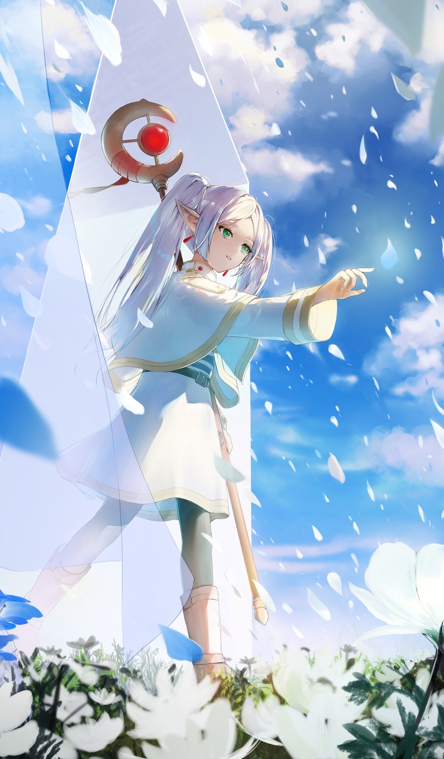 dress, elf, frieren, kamatoyu_ill, pantyhose, pointy_ears, sousou_no_frieren, weapon