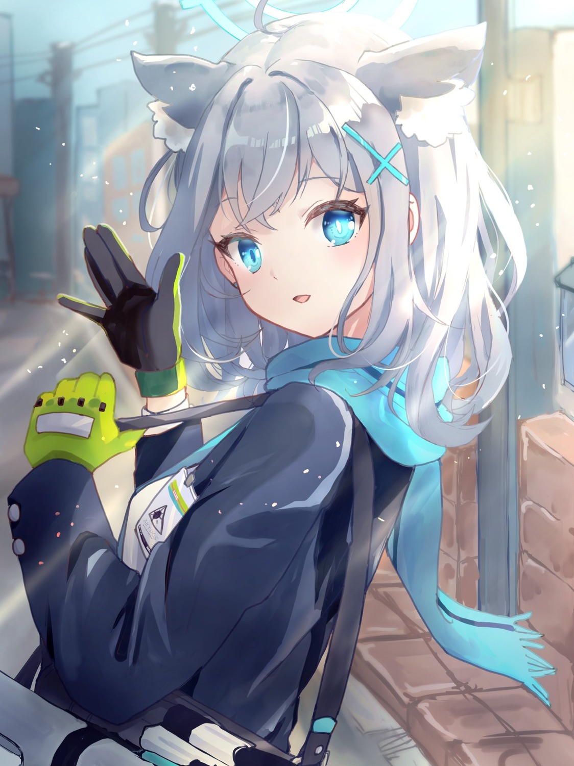 animal_ears, blue_archive, gun, halo, komena_(shinyday312), nekomimi, seifuku, sunaookami_shiroko
