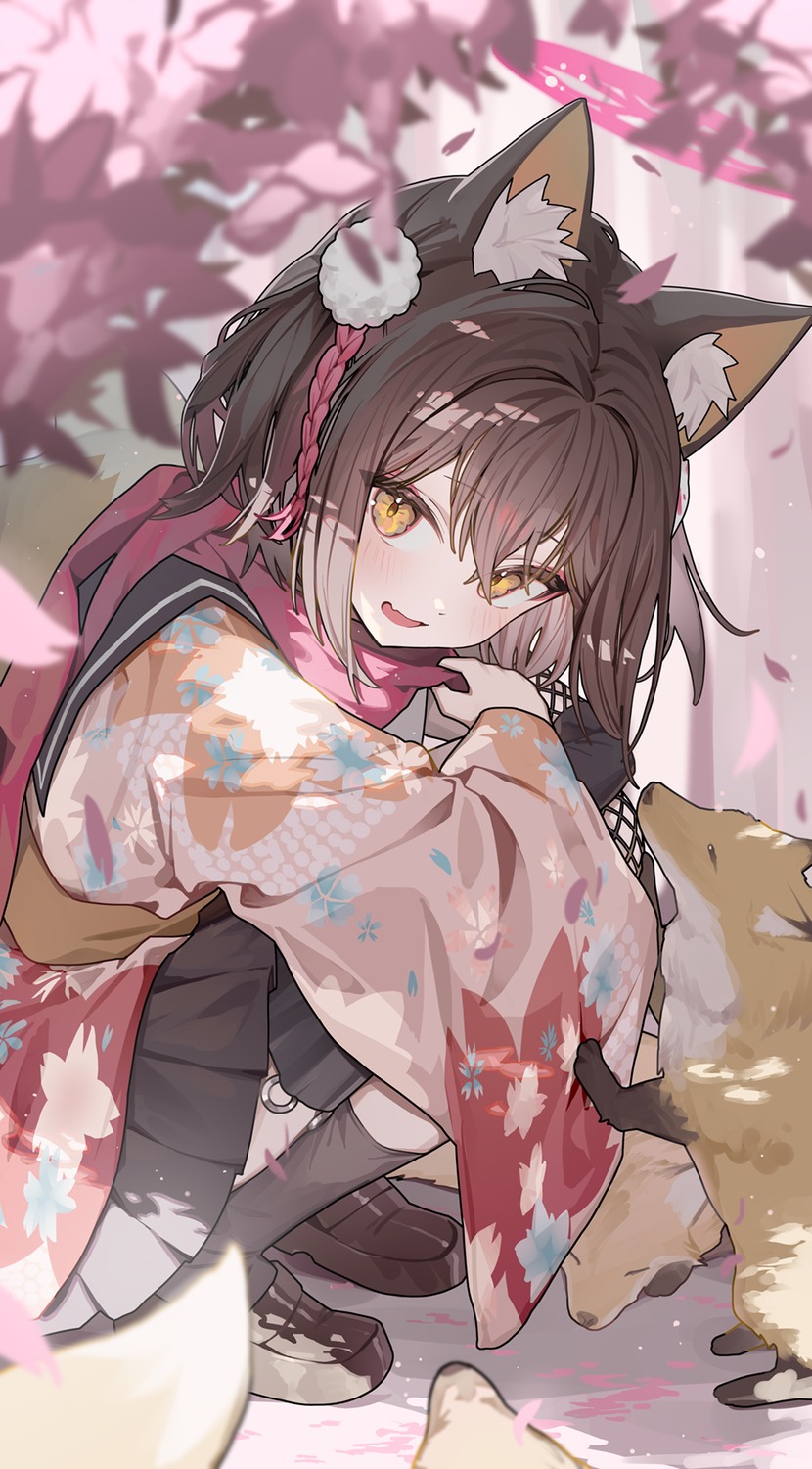 animal_ears, blue_archive, garter, halo, japanese_clothes, kitsune, kuda_izuna, ningen_mame, seifuku, tail
