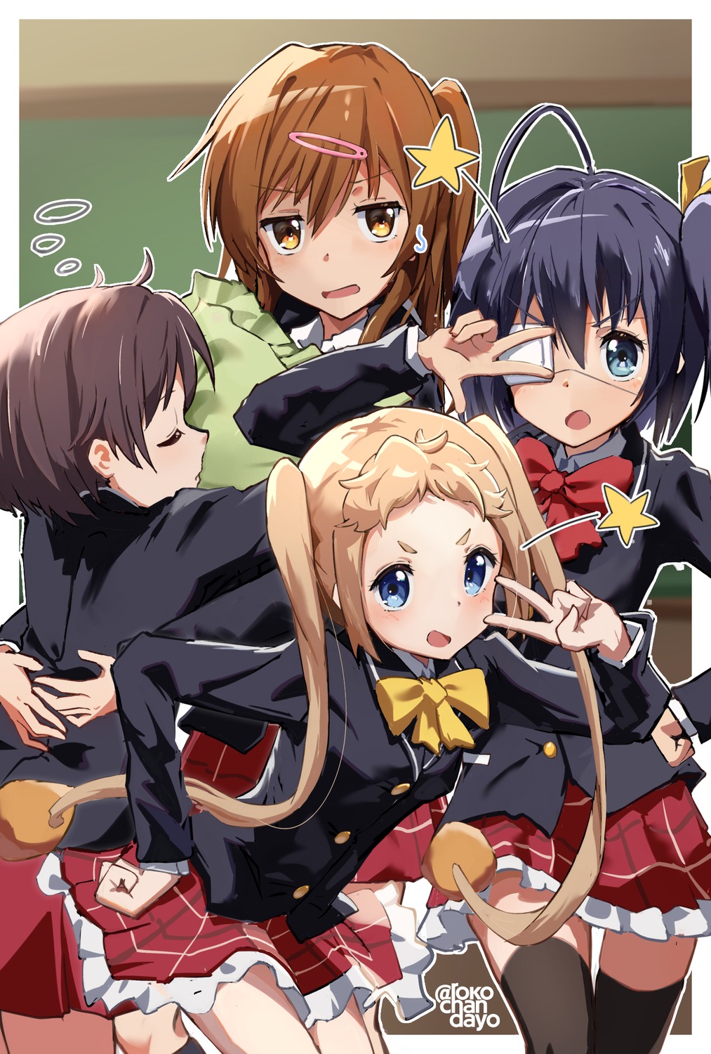 chuunibyou_demo_koi_ga_shitai!, dekomori_sanae, eyepatch, nibutani_shinka, rokochan, seifuku, takanashi_rikka, thighhighs, tsuyuri_kumin