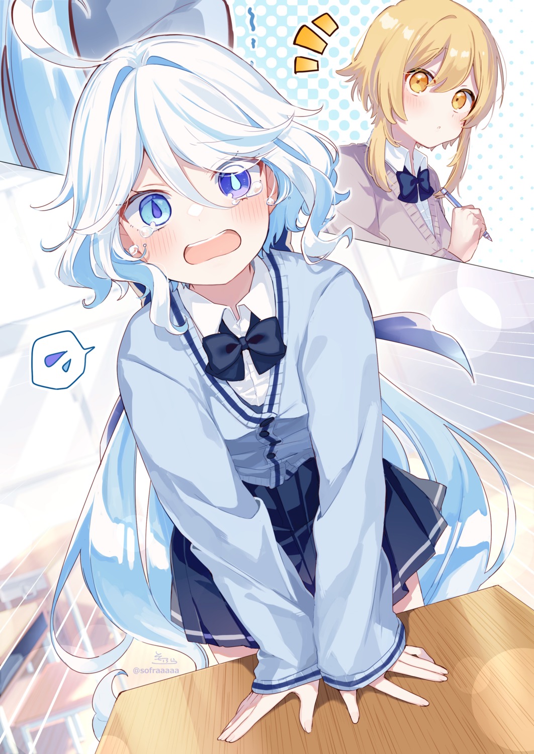 furina, genshin_impact, heterochromia, lumine, seifuku, sofra, sweater