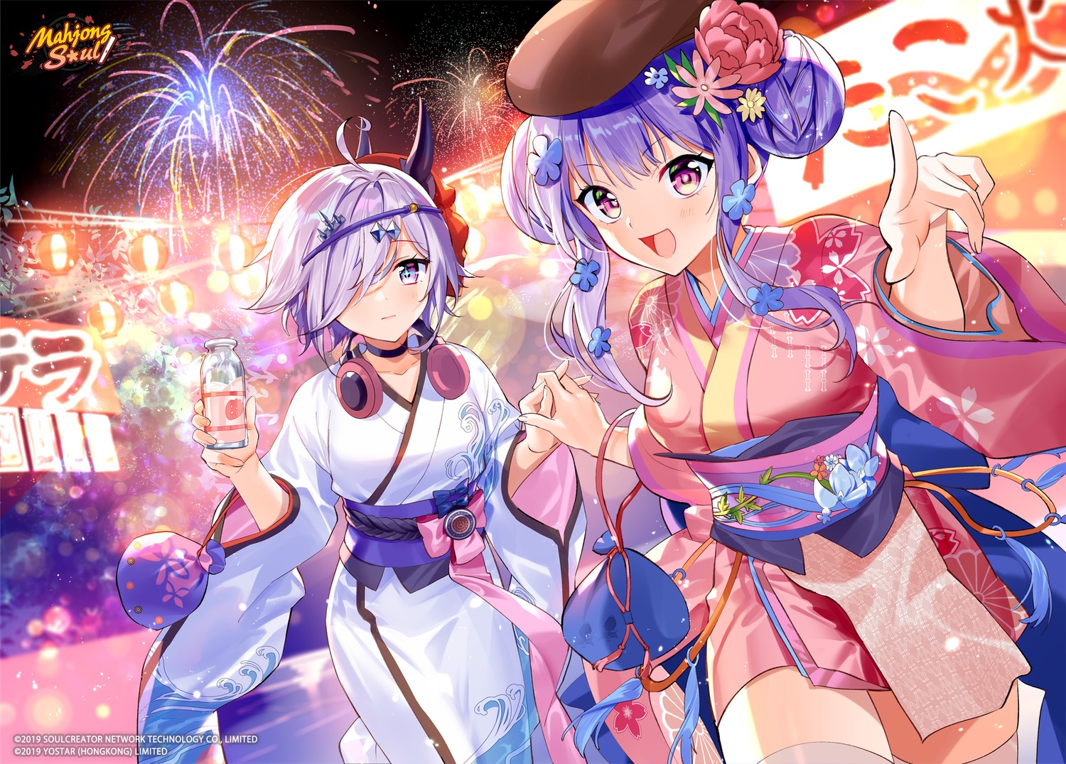 headphones, horns, majsoul, murakami_yuichi, suzumiya_anju, takanashi_hinata, thighhighs, yukata